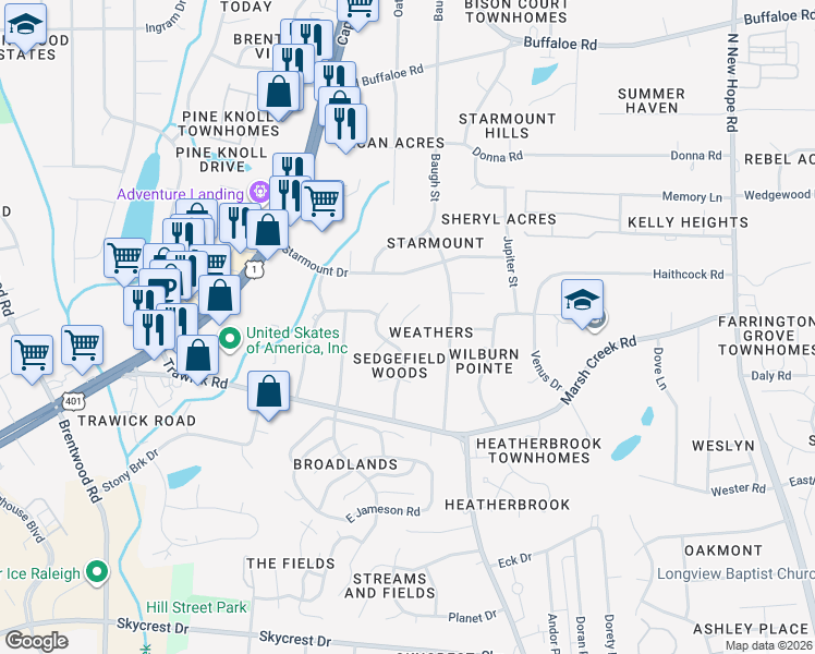 map of restaurants, bars, coffee shops, grocery stores, and more near 3314 Swinford Court in Raleigh