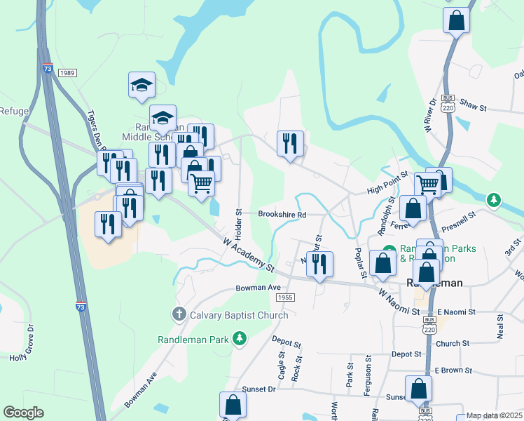 map of restaurants, bars, coffee shops, grocery stores, and more near 516 Brookshire Road in Randleman