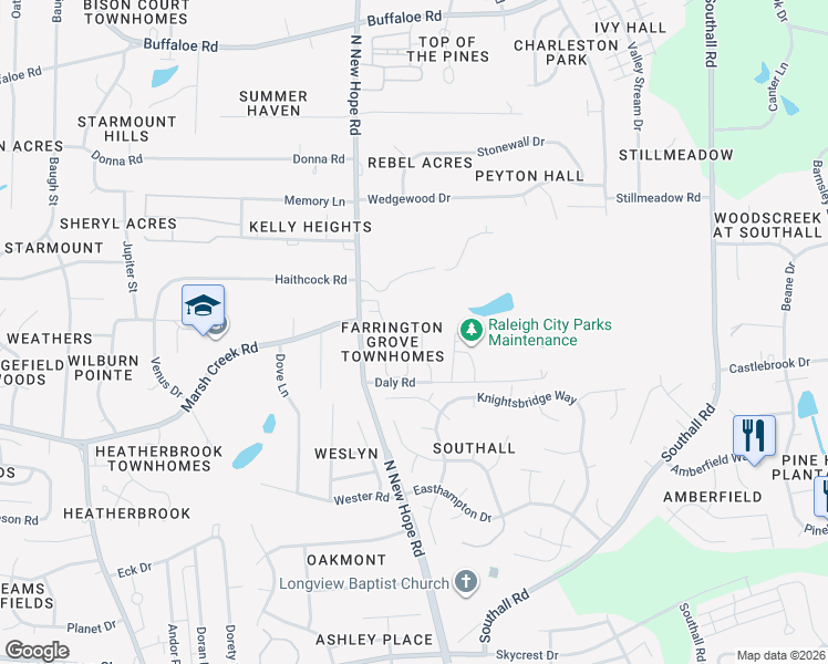 map of restaurants, bars, coffee shops, grocery stores, and more near 2711 Andover Glen Road in Raleigh