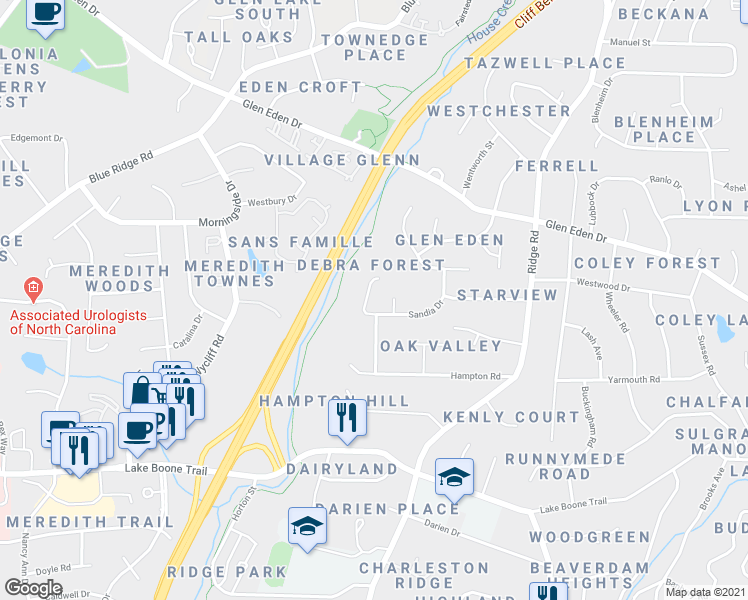 map of restaurants, bars, coffee shops, grocery stores, and more near 2904 Debra Drive in Raleigh