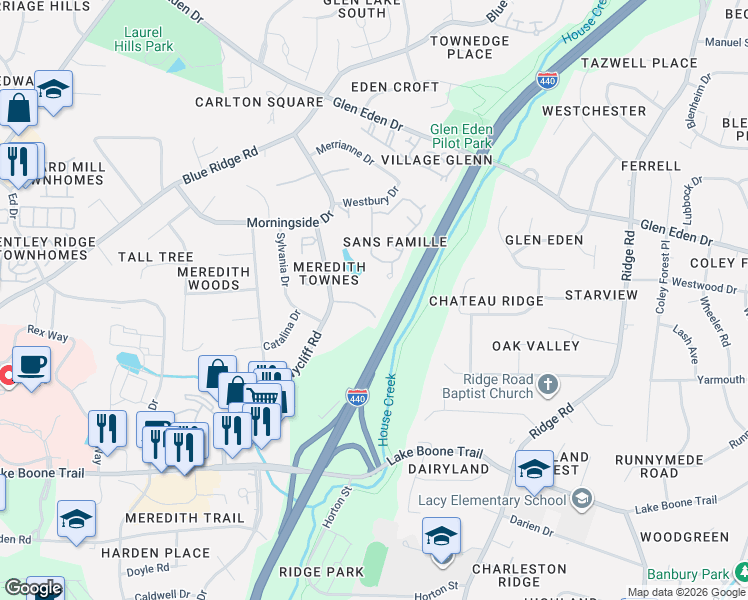 map of restaurants, bars, coffee shops, grocery stores, and more near 2860 Wycliff Road in Raleigh