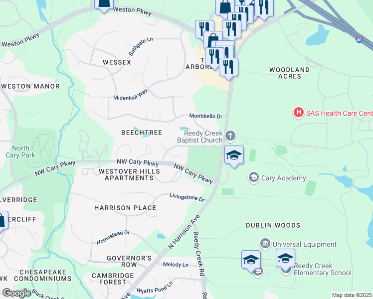 map of restaurants, bars, coffee shops, grocery stores, and more near 205 Beechtree Drive in Cary