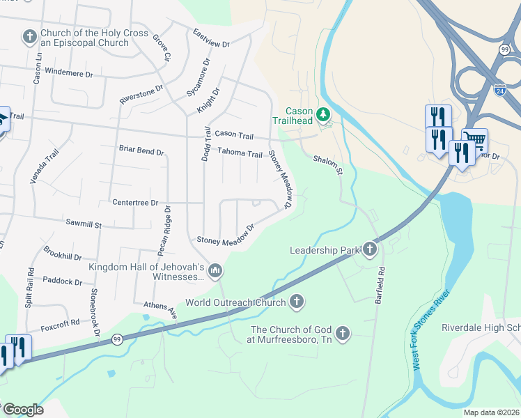 map of restaurants, bars, coffee shops, grocery stores, and more near 2057 Sparco Circle in Murfreesboro