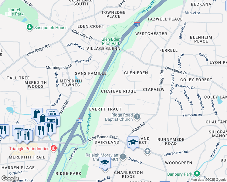 map of restaurants, bars, coffee shops, grocery stores, and more near 2904 Debra Drive in Raleigh
