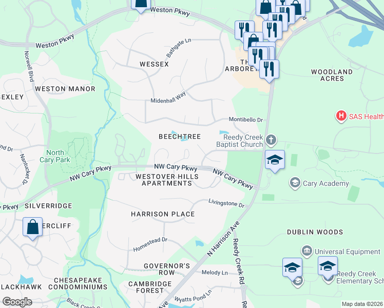 map of restaurants, bars, coffee shops, grocery stores, and more near 328 Silverberry Court in Cary