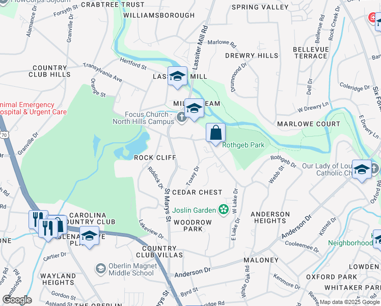 map of restaurants, bars, coffee shops, grocery stores, and more near 2765 Toxey Drive in Raleigh