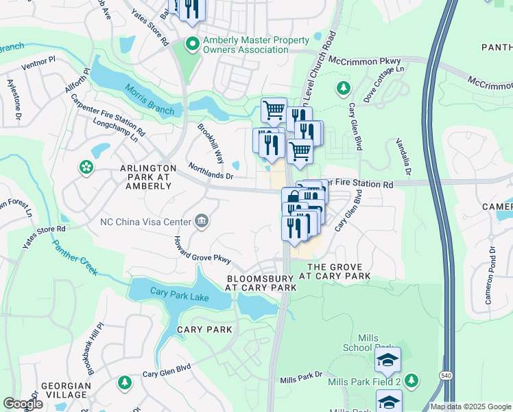 map of restaurants, bars, coffee shops, grocery stores, and more near 220 Tals Rock Way in Cary