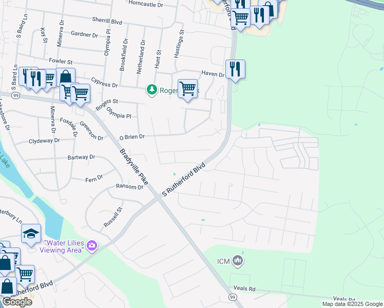 map of restaurants, bars, coffee shops, grocery stores, and more near 2318 Aspen Avenue in Murfreesboro