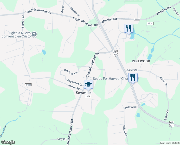 map of restaurants, bars, coffee shops, grocery stores, and more near 4390 Sawmills School Road in Granite Falls