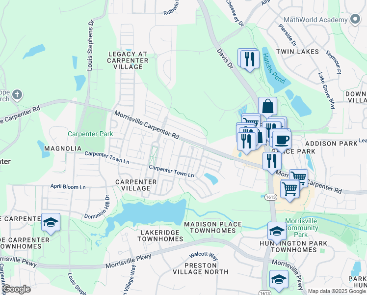 map of restaurants, bars, coffee shops, grocery stores, and more near 107 Potomac Grove Place in Cary