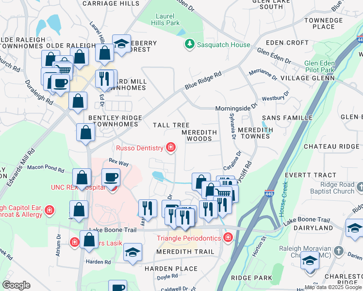 map of restaurants, bars, coffee shops, grocery stores, and more near 3413 Malibu Drive in Raleigh