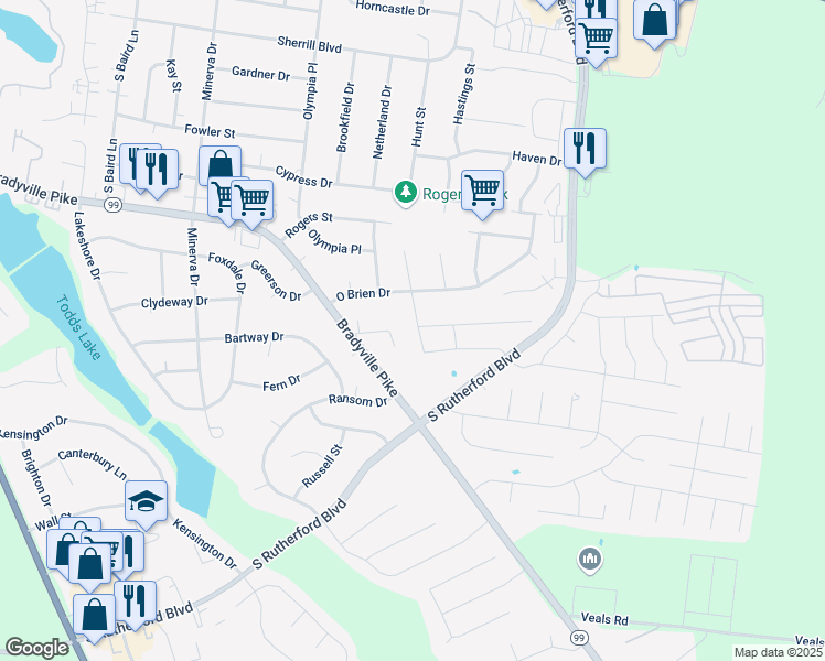 map of restaurants, bars, coffee shops, grocery stores, and more near 1312 Rutherford Street in Murfreesboro