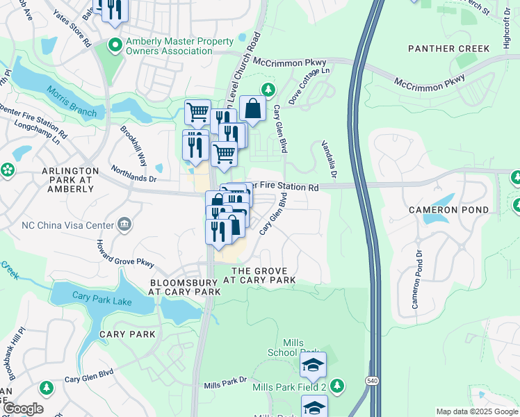 map of restaurants, bars, coffee shops, grocery stores, and more near 2000 Cary Reserve Drive in Cary