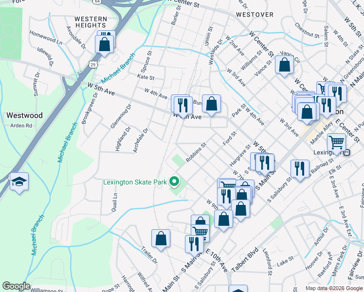 map of restaurants, bars, coffee shops, grocery stores, and more near 439 West 8th Avenue in Lexington
