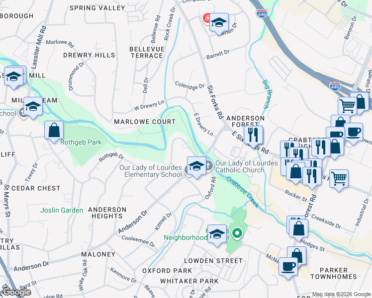 map of restaurants, bars, coffee shops, grocery stores, and more near 2948 Claremont Road in Raleigh
