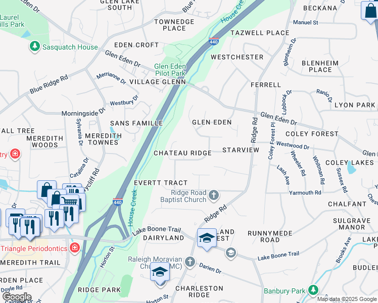 map of restaurants, bars, coffee shops, grocery stores, and more near 2904 Chipmunk Lane in Raleigh