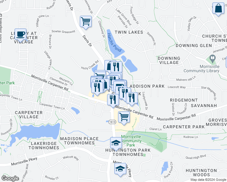 map of restaurants, bars, coffee shops, grocery stores, and more near 3608 Davis Drive in Morrisville