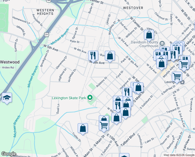 map of restaurants, bars, coffee shops, grocery stores, and more near 104 Robbins Street in Lexington