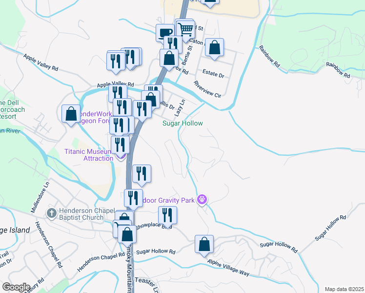 map of restaurants, bars, coffee shops, grocery stores, and more near 2036 Center Road in Pigeon Forge