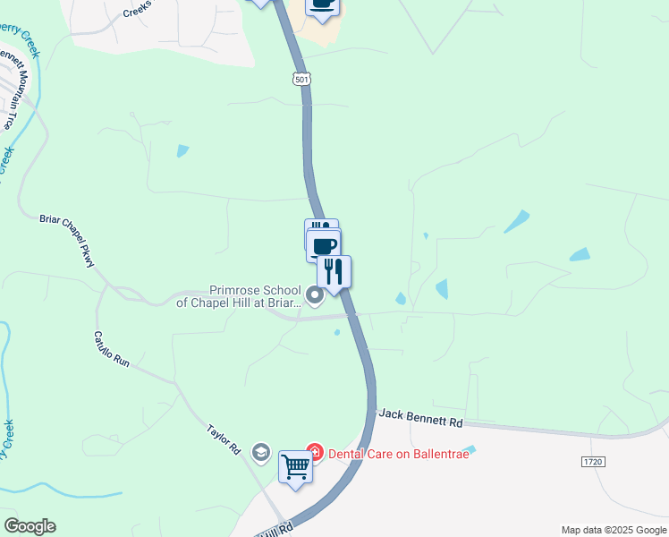 map of restaurants, bars, coffee shops, grocery stores, and more near Chapel Hill Road in Pittsboro