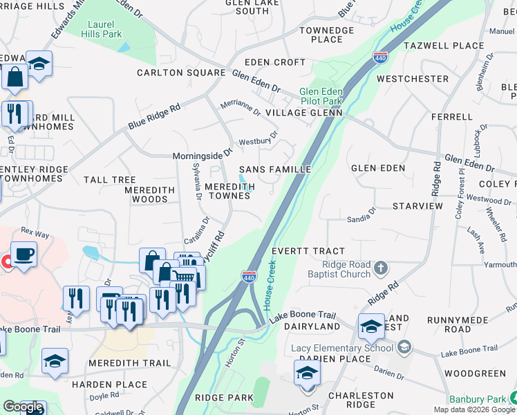 map of restaurants, bars, coffee shops, grocery stores, and more near 2860 Wycliff Road in Raleigh