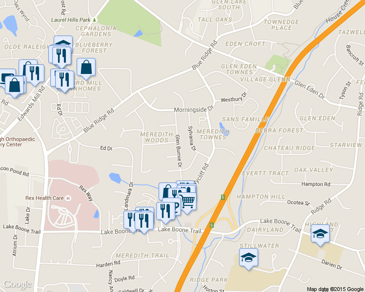 map of restaurants, bars, coffee shops, grocery stores, and more near 2808 Glen Burnie Drive in Raleigh