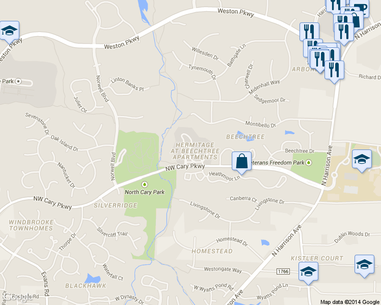 map of restaurants, bars, coffee shops, grocery stores, and more near 205 Hampton Lee Court in Cary