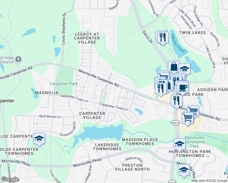 map of restaurants, bars, coffee shops, grocery stores, and more near 300 Gathering Park Circle in Cary