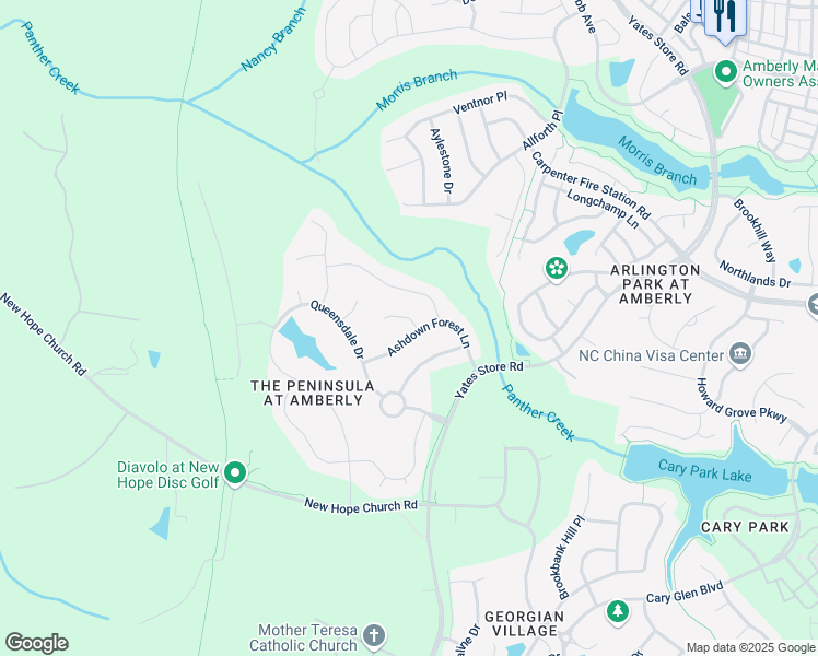 map of restaurants, bars, coffee shops, grocery stores, and more near 215 Ashdown Forest Lane in Cary