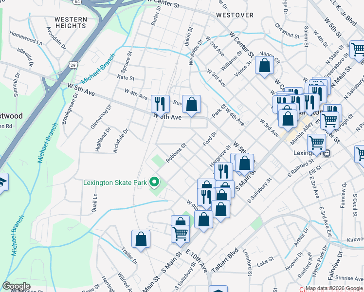 map of restaurants, bars, coffee shops, grocery stores, and more near 104 Robbins Street in Lexington