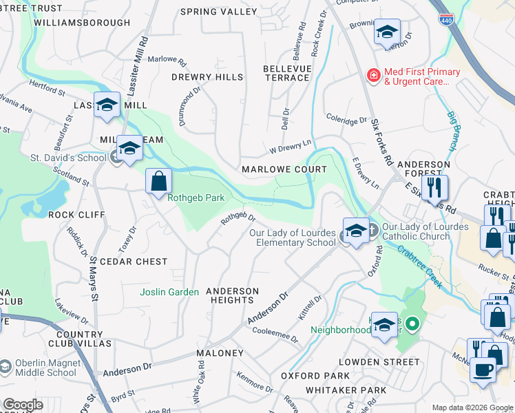 map of restaurants, bars, coffee shops, grocery stores, and more near 2739 Rothgeb Drive in Raleigh