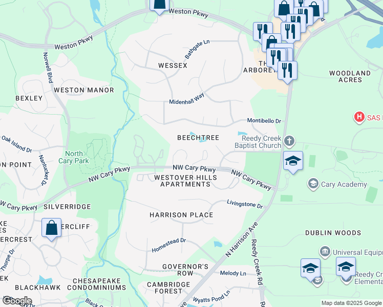 map of restaurants, bars, coffee shops, grocery stores, and more near 129 Skipwyth Circle in Cary