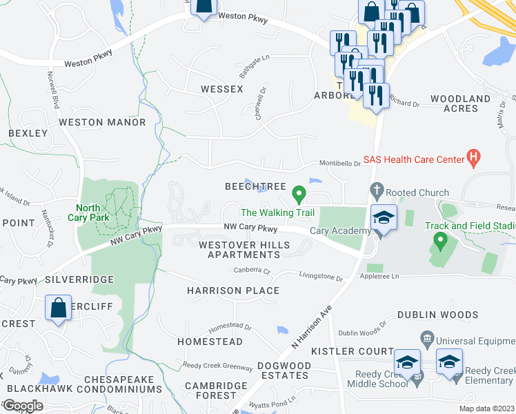 map of restaurants, bars, coffee shops, grocery stores, and more near 311 Silverberry Court in Cary