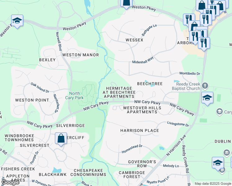map of restaurants, bars, coffee shops, grocery stores, and more near 205 Hampton Lee Court in Cary