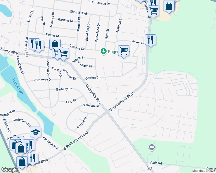 map of restaurants, bars, coffee shops, grocery stores, and more near 1312 Rutherford Street in Murfreesboro