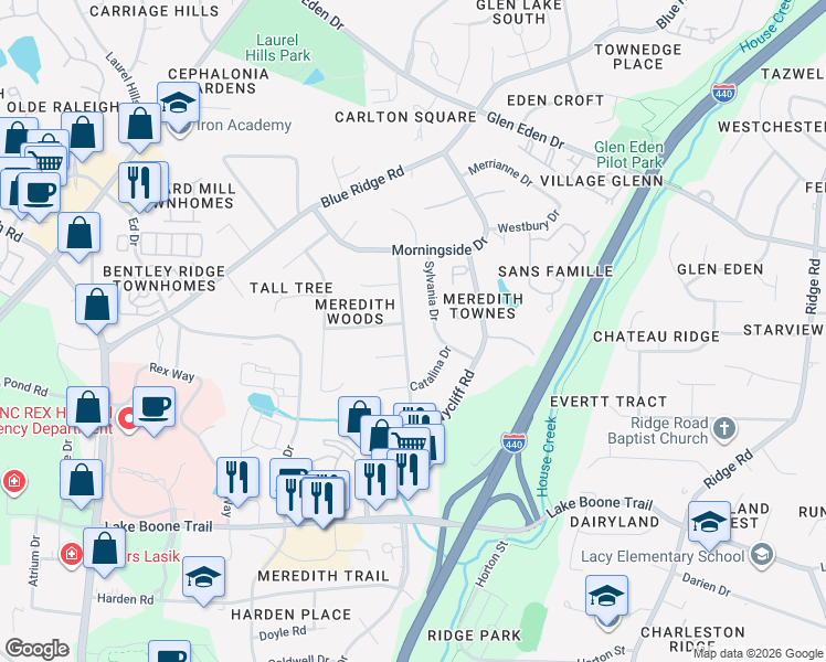 map of restaurants, bars, coffee shops, grocery stores, and more near 2808 Glen Burnie Drive in Raleigh