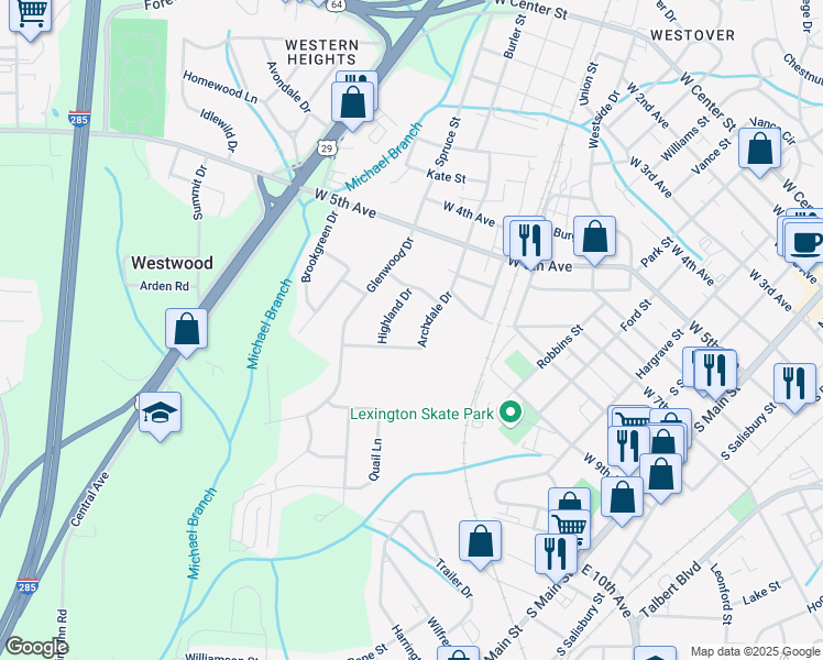 map of restaurants, bars, coffee shops, grocery stores, and more near 802 Mitchell Avenue in Lexington