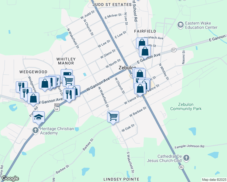 map of restaurants, bars, coffee shops, grocery stores, and more near 211 West Sycamore Street in Zebulon