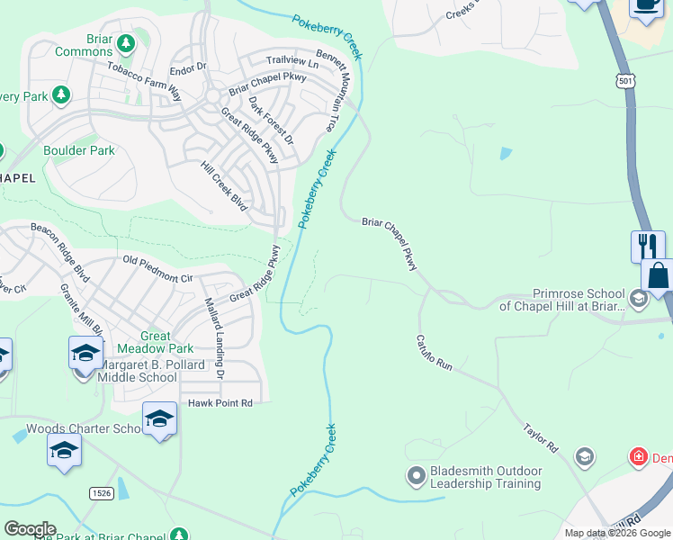 map of restaurants, bars, coffee shops, grocery stores, and more near Briar Chapel Parkway in Chapel Hill