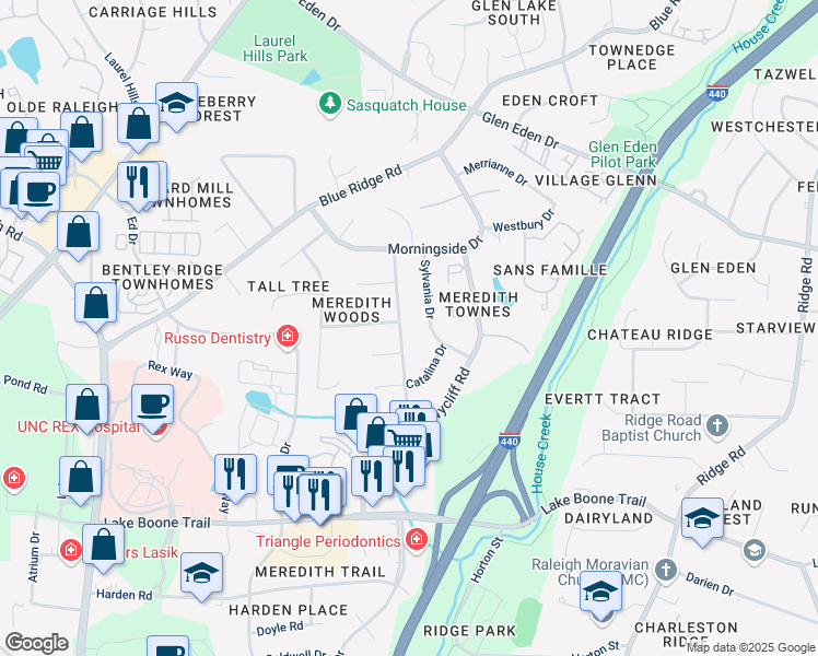 map of restaurants, bars, coffee shops, grocery stores, and more near 2808 Glen Burnie Drive in Raleigh