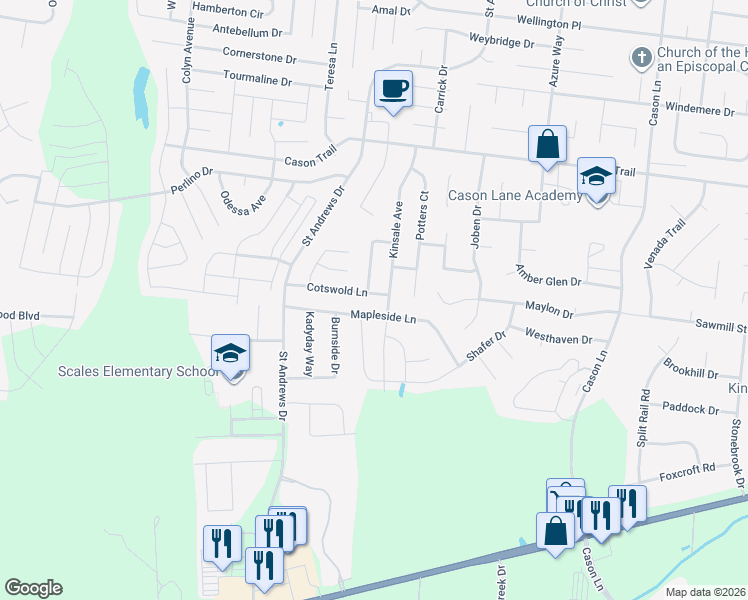 map of restaurants, bars, coffee shops, grocery stores, and more near 3307 Cotswold Lane in Murfreesboro
