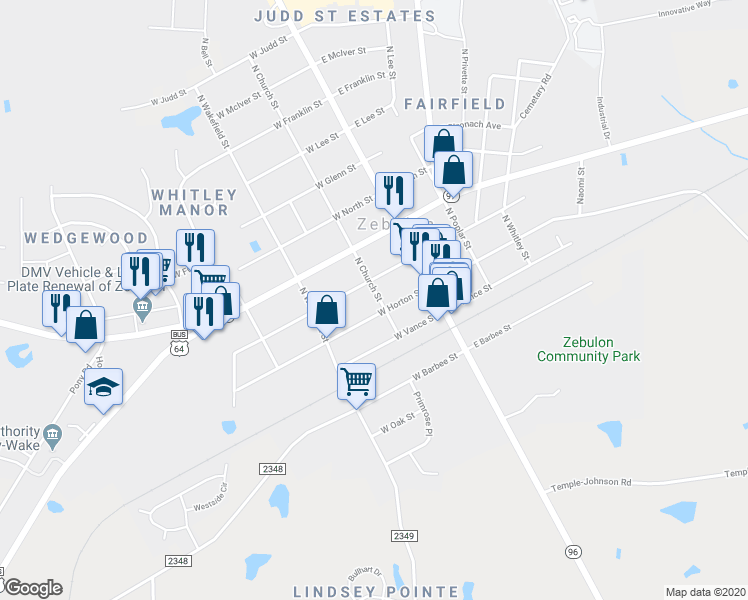 map of restaurants, bars, coffee shops, grocery stores, and more near 201 North Church Street in Zebulon
