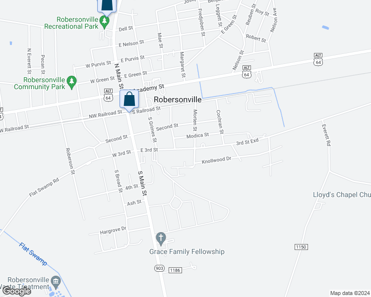 map of restaurants, bars, coffee shops, grocery stores, and more near East 3rd Street in Robersonville