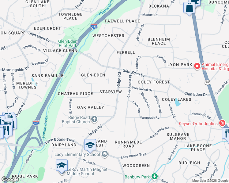 map of restaurants, bars, coffee shops, grocery stores, and more near 2133 Ridge Road in Raleigh