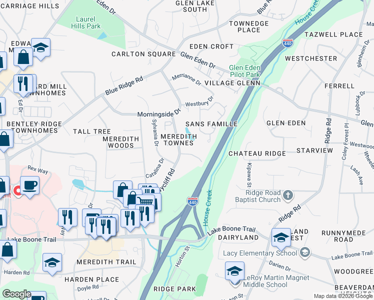 map of restaurants, bars, coffee shops, grocery stores, and more near 2894 Wycliff Road in Raleigh