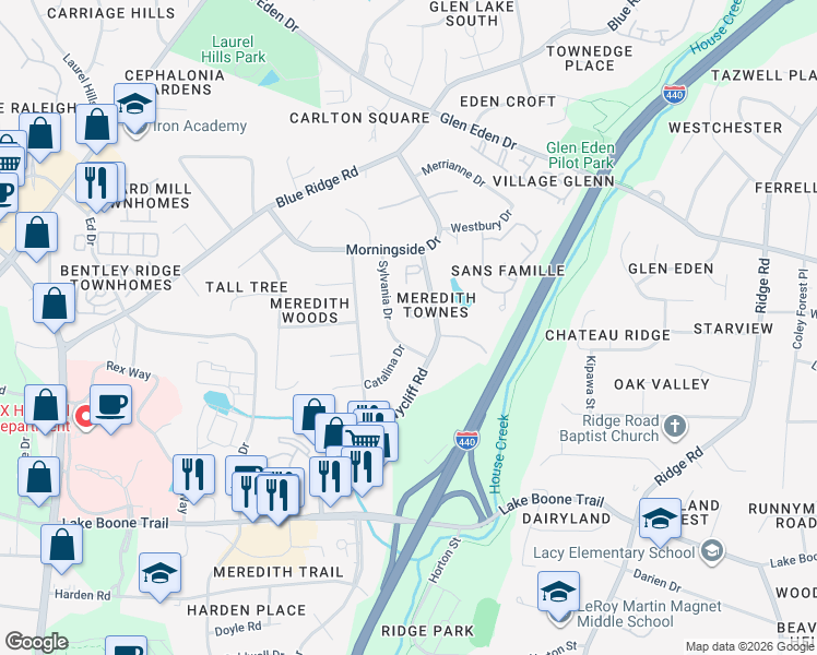 map of restaurants, bars, coffee shops, grocery stores, and more near 3000 Sylvania Drive in Raleigh