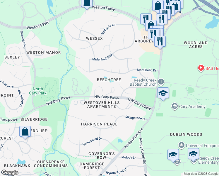 map of restaurants, bars, coffee shops, grocery stores, and more near 129 Skipwyth Circle in Cary