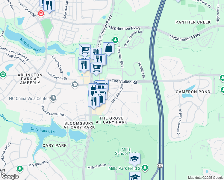 map of restaurants, bars, coffee shops, grocery stores, and more near 11000 Fallen Acorn Circle in Cary