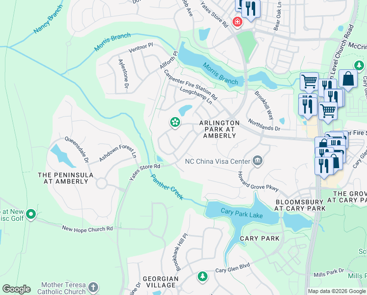 map of restaurants, bars, coffee shops, grocery stores, and more near 724 Delta Downs Drive in Cary