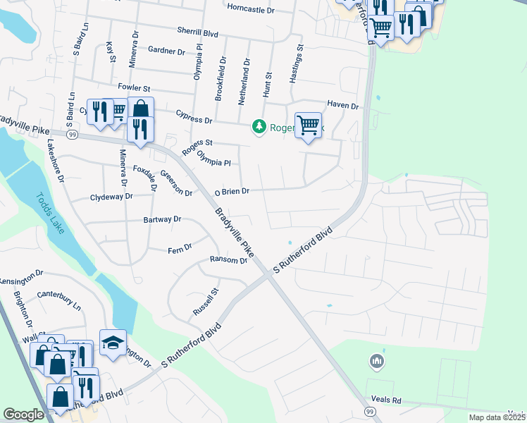 map of restaurants, bars, coffee shops, grocery stores, and more near 1312 Rutherford Street in Murfreesboro